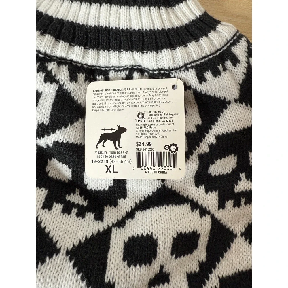 Bootique Dia De Los Muertos Skull Dog Sweater Halloween Black White XL‎ NEW